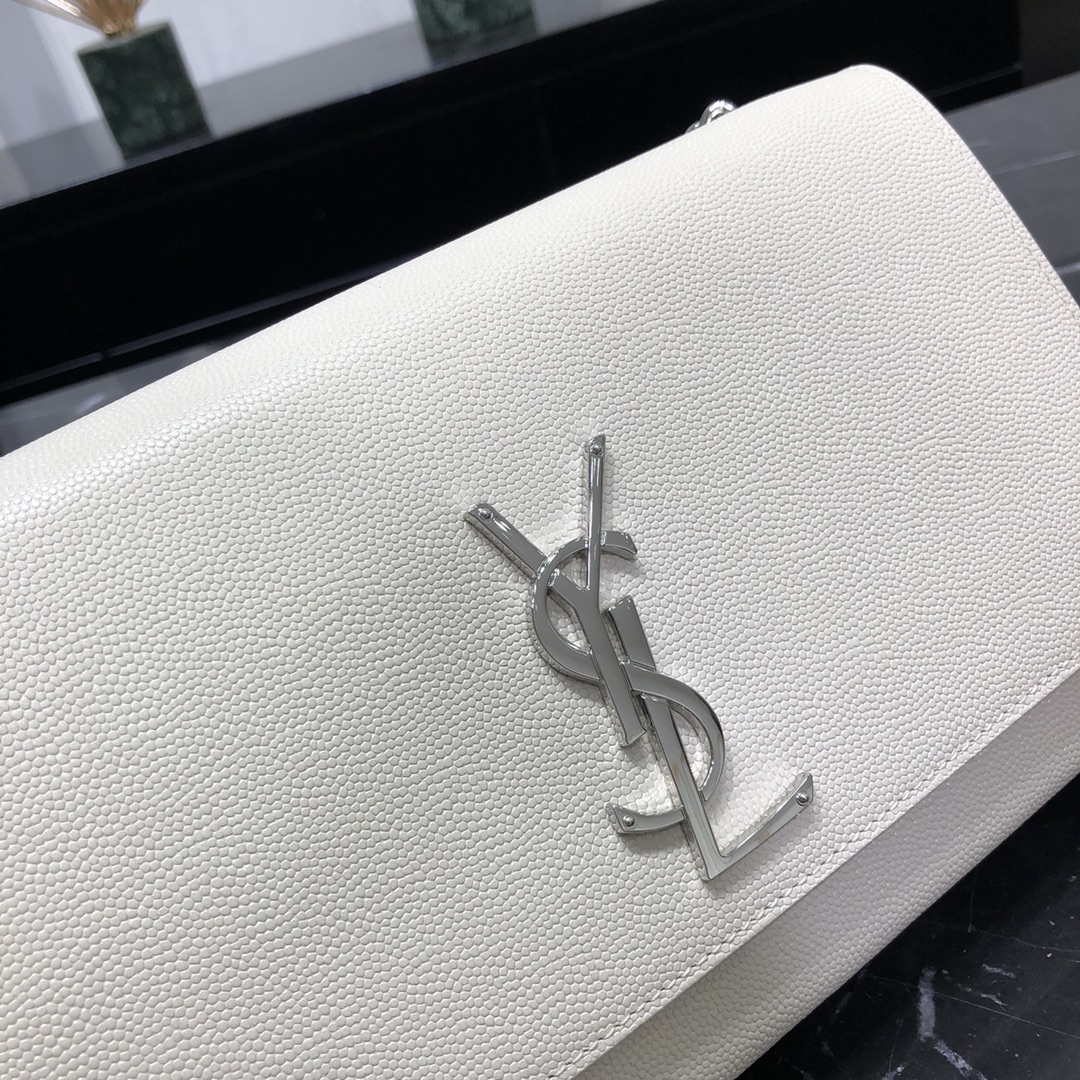 Saint Laurent Kate Medium Grain Calfskin Shoulder Bag Handbag White 364021 Silver